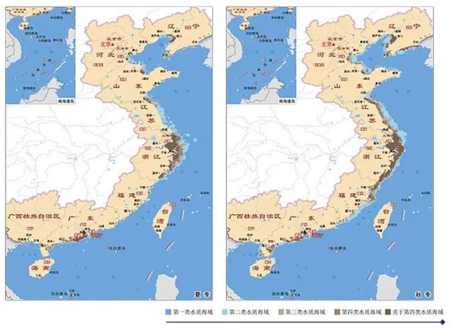 上图是2017年夏秋两季我国近海的水质污染分布情况,以舟山渔场为