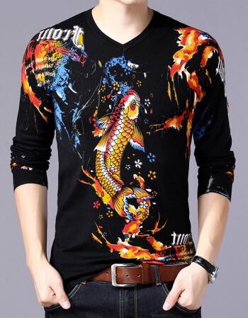 有龙图案的衣服男士长袖t恤血裇桖春鲤鱼中青年男装鸡心领v薄款针织