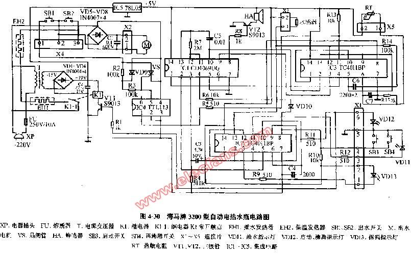 海马牌3200型自动电热水瓶电路图;; 电热水壶电路图_电热水壶底座电路