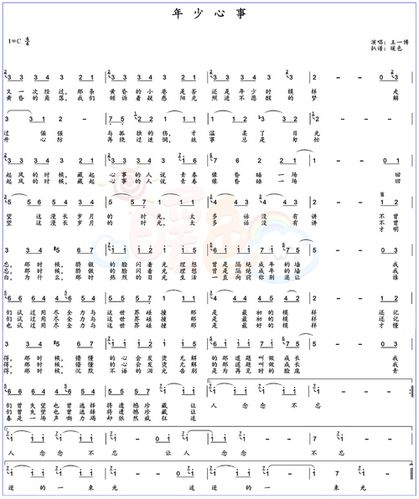 年少心事 简谱扒谱 演唱:王一.