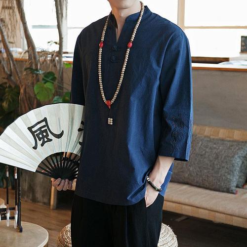 佛系男装禅服夏刺绣汉服中国风七分袖t恤改良禅修男禅意薄款茶服