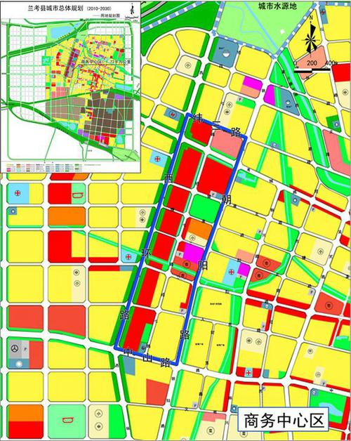 县商务中心区东起朝阳路,西至西环路,南起中山路,北至纬三路,规划面积