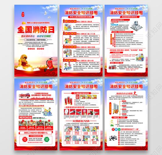 原创蓝色大气全国消防日宣传挂画全国消防日套图