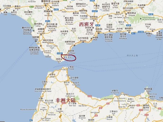 直布罗陀海峡的地图.