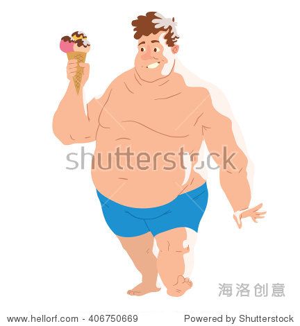 向量卡通形象的一个胖子在海滩上棕色的头发蓝色的短裤站和微笑的手里