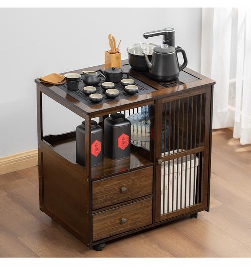 移动式茶台 新中式移动茶桌家用小茶台客厅实木茶车阳台泡茶几烧水壶