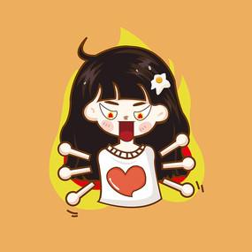 原创手绘人物生气弯腰捡帽子的小女孩简笔画