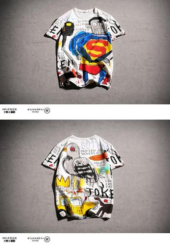 热卖潮牌帅气男短袖t恤 夏季韩版个性涂鸦超人嘻哈潮流圆领学生情侣装