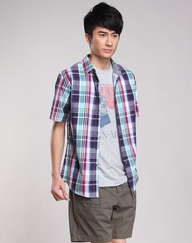 绿/蓝色格子短袖休闲衬衫