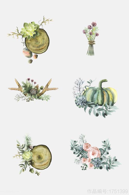 清新森系手绘画水彩植物元素素材