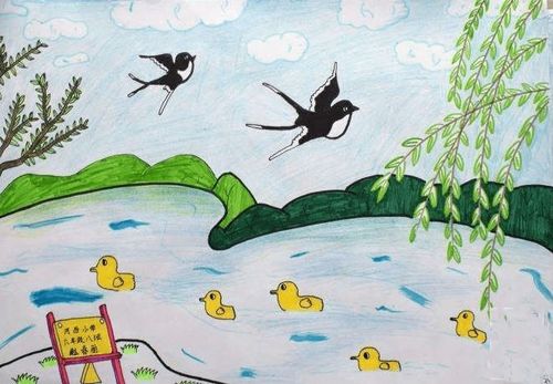 春天的柳树和燕子