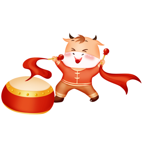 喜庆牛年打鼓插画装饰素材