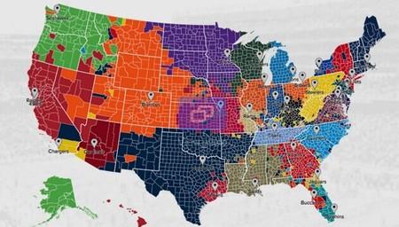 地图显示了各个nfl球队的球迷分布