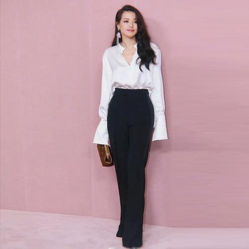 ol通勤气质2021春夏女装 明星舒淇同款白色衬衫 高腰开叉长裤套装