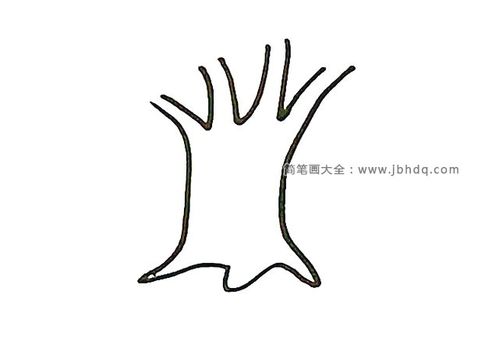 第二步:用"v"形画出大树的枝干,用波浪线表示树根,注意每个树杈间距和