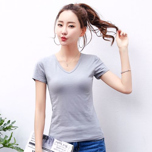 鸡心领t恤女白色立夏大领口纯棉半袖百搭竹节棉体恤女款短袖上衣