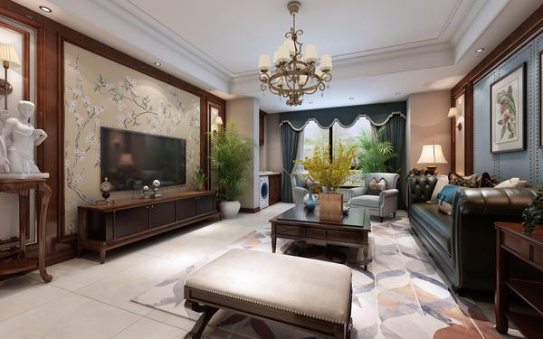 客厅区域采用简单大方的装饰,电视墙部分饰以壁纸和木材,在添加美式