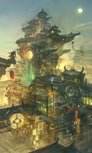 游戏场景天空月亮创意城堡建筑