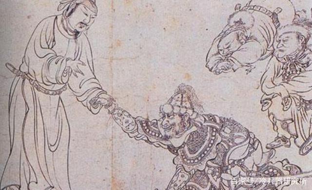 在宋代李公麟创作反映唐代名将郭子仪免胄(不穿甲胄),只身单骑与回纥