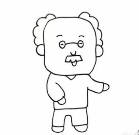 简笔画>人物第一步:先画出老爷爷偏正方形的脸部轮廓,然后加上两边的