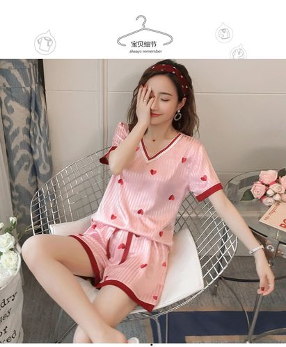 2020夏季冰丝套装睡衣女甜美休闲仿真丝女士两件套家居服夏可外穿