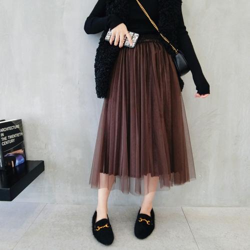 2017新款金丝绒纱裙咖啡色半身裙女秋冬季百搭网纱冬天过膝裙子潮