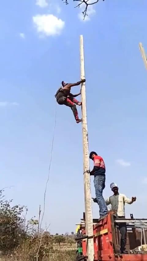 印度电工的日常工作空手爬电线杆艺高人大胆啊