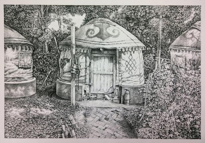 院校·蒙古包·钢笔画2