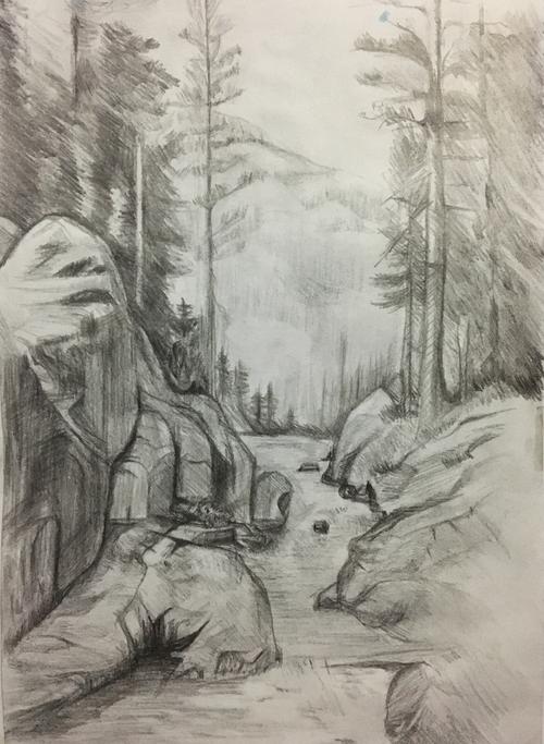 临摹的素描风景,原图来自网络.