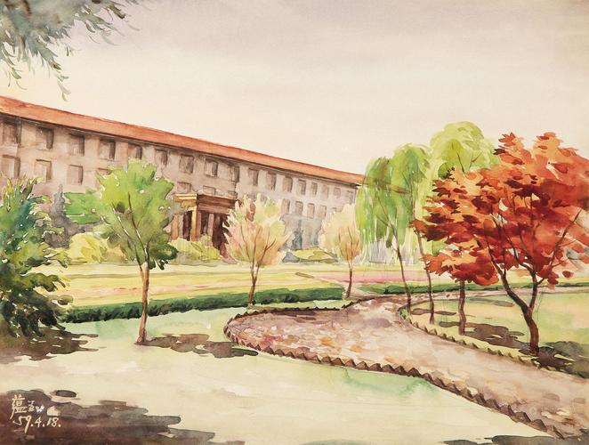 48721959年作西安交通大校园水粉水彩