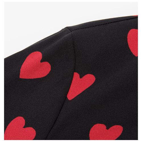 red valentino爱心图案装饰设计时尚女士真丝黑色长袖连衣裙