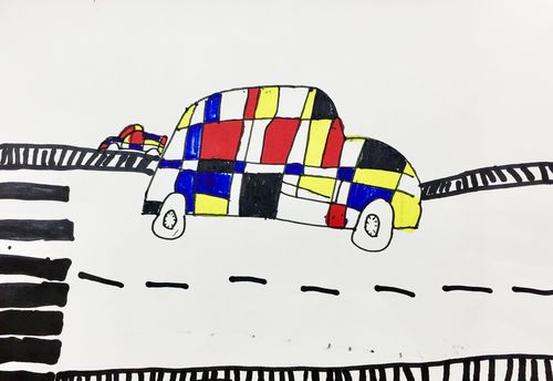 用蒙德里安艺术家的方式画马路上的小汽车