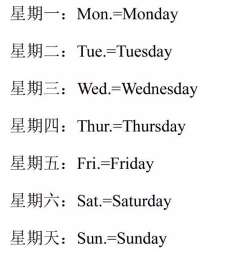 sunday 星期日 sun. 向左转| 向右转 英语中一周各日