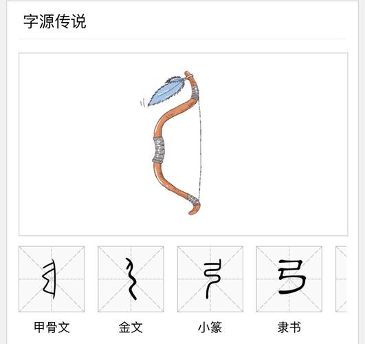 甲骨文字形,象弓形,有弓背和弓弦,后省去弓弦,只剩下弓背,隶变后变成