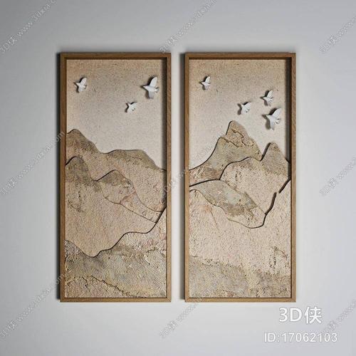 风格 挂画效果图素材免费下载,本作品主题是新中式立体装饰画3d模型