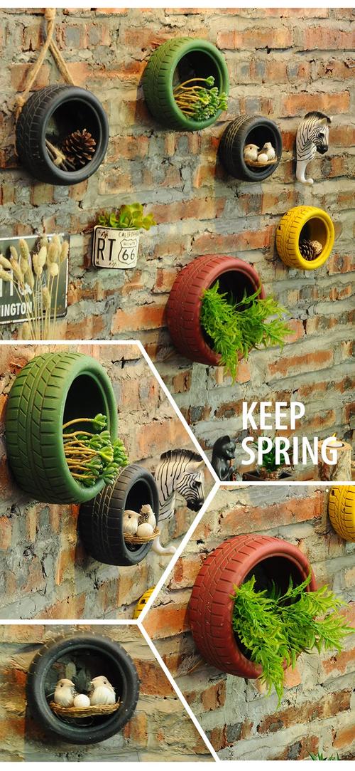 工业风轮胎花盆仿真绿植壁挂酒吧奶茶店墙面植物墙上墙壁装饰挂件