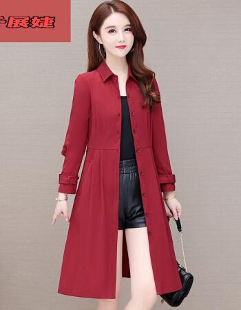 千展婕风衣外套女春秋时尚减龄中长款领显瘦今年流行的大衣红色m