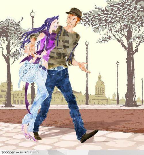 手绘水彩插画情侣人物-巴黎时尚街头搂着漂亮美女的