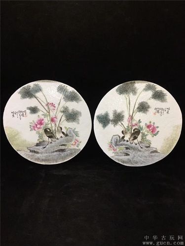 仙槎浅绛彩花鸟瓷板一对