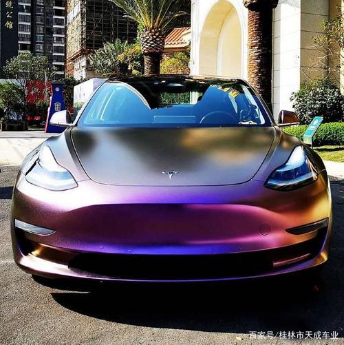 特斯拉改色电光哑面降紫,金色的光影中多了些尊贵和