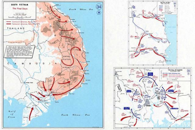 越南战争末期的局势示意图,右下角为陷落前一周内的西贡