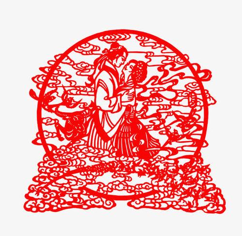 七夕红色剪纸牛郎织女