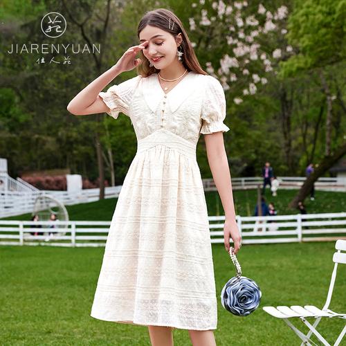 佳人苑蕾丝连衣裙女2021夏季新款超仙收腰显瘦气质仙女喇叭袖裙子