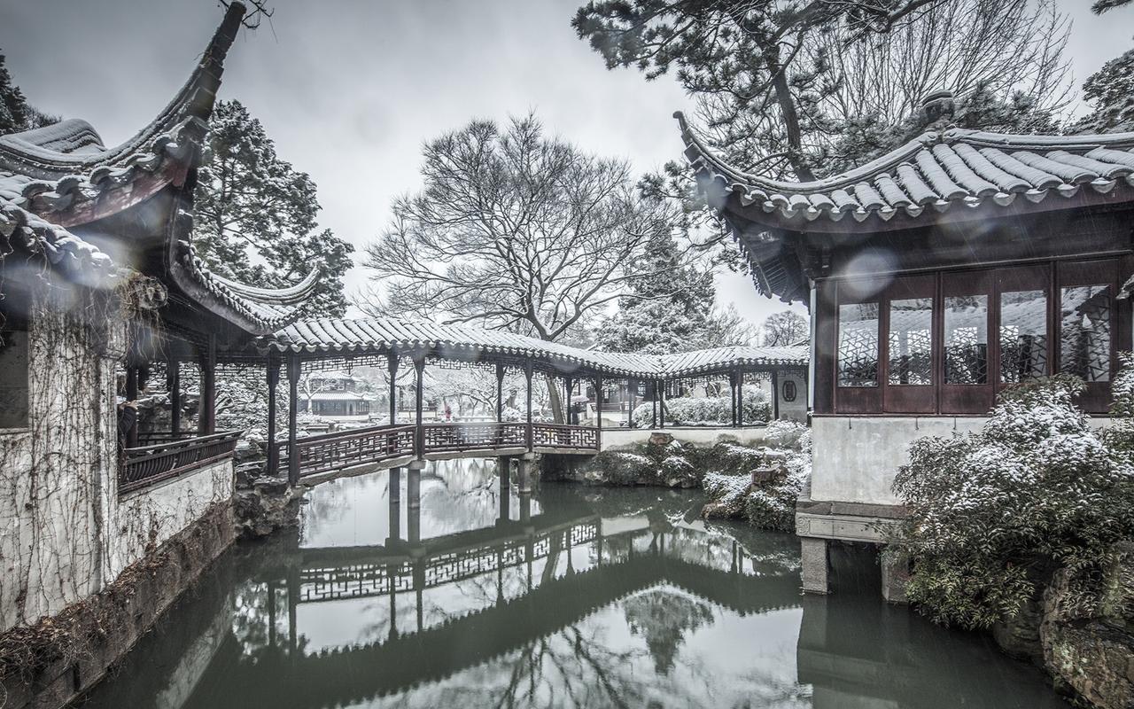 拙政园,旅游景点,建筑,冬天,电脑壁纸,壁纸苏州拙政园唯美冬日雪景