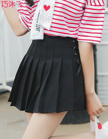 巧沐飞2018一直做的款@四色入侧绑带百褶裙 黑色 s