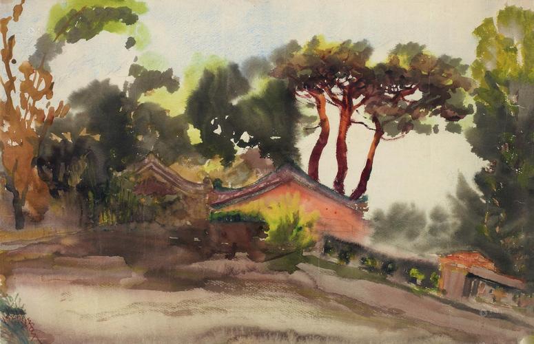 0023 1927年作 山寺秋景 纸本 水彩