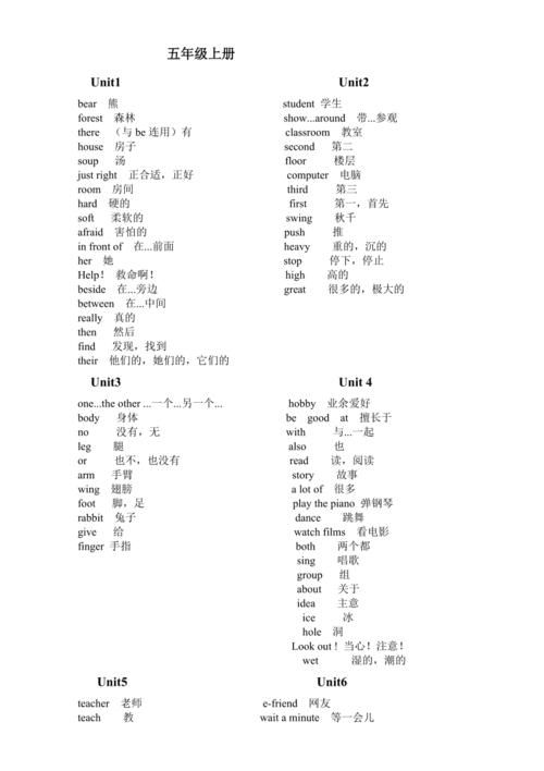 译林英语五年级上册单词表