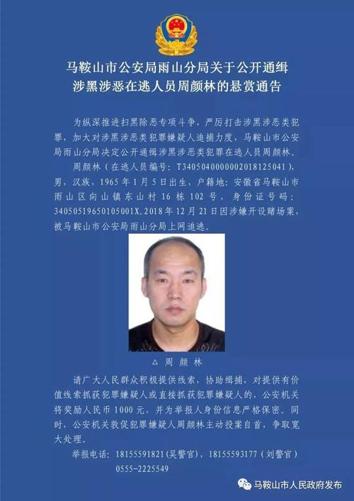 马鞍山警方发布悬赏通告 公开通缉涉黑涉恶在逃人员周