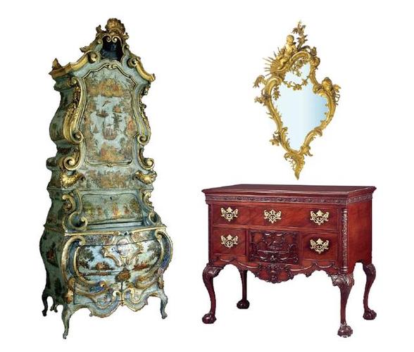 上图是典型的18世纪洛可可式家具,在造型上,常见s型或c型的曲线,还