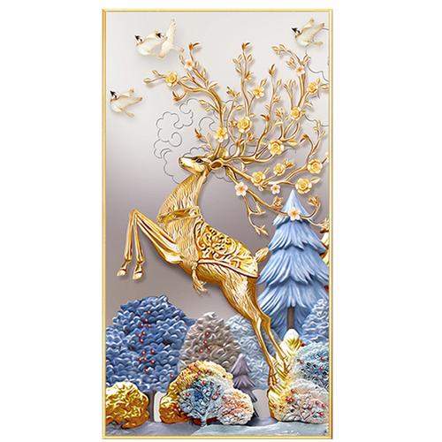 点贴砖十字绣2021年新款客厅水晶钻石绣发财鹿钻石画满钻玄关竖版